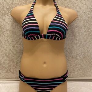 Victoria's Secret Black and Multicolor Striped Bikini